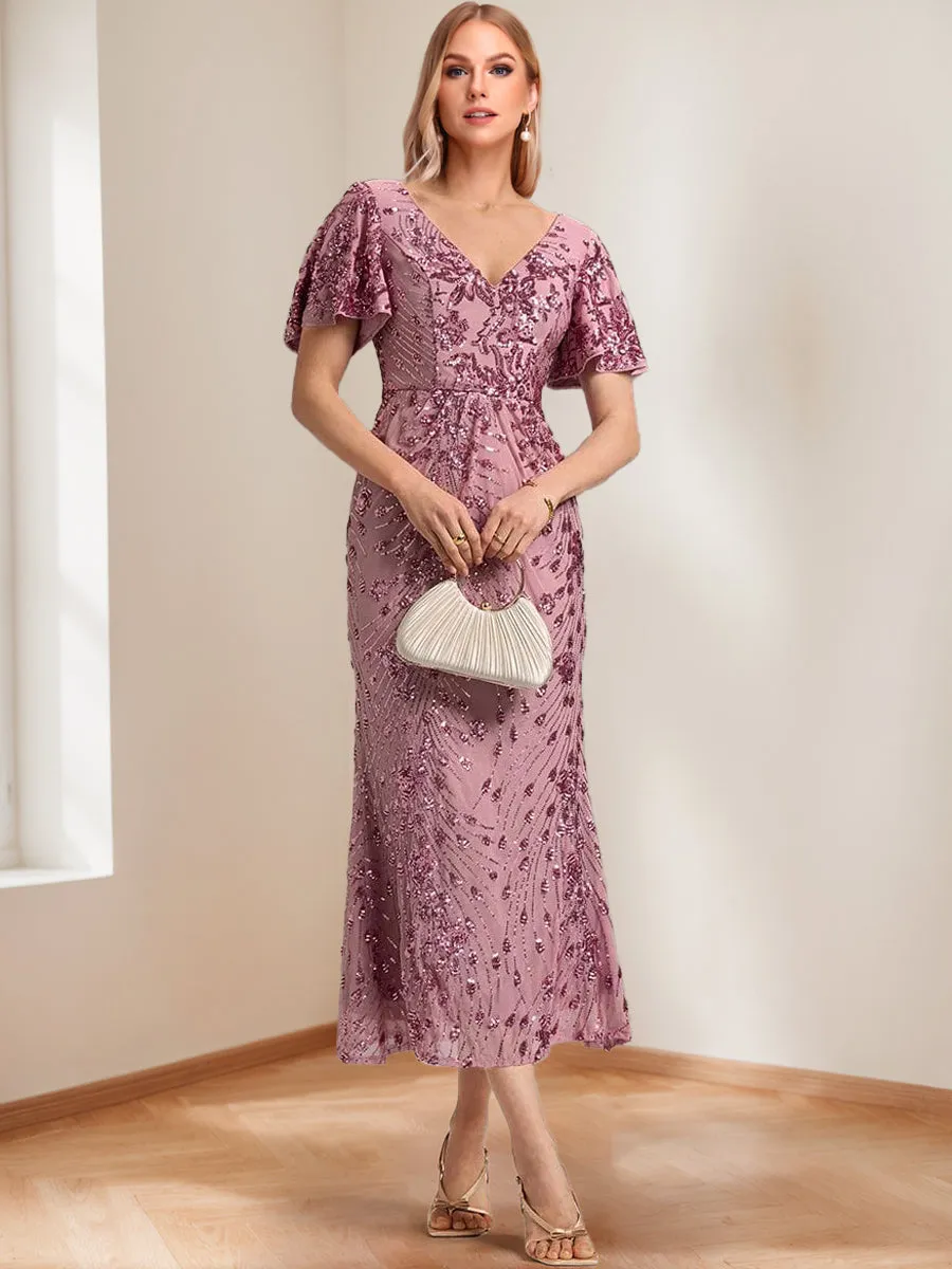 Trumpet/Mermaid V-Neck Short Ruffle Sleeves Ankle-Length Mother of the Bride Dresses with Appliques sold by Lavetir