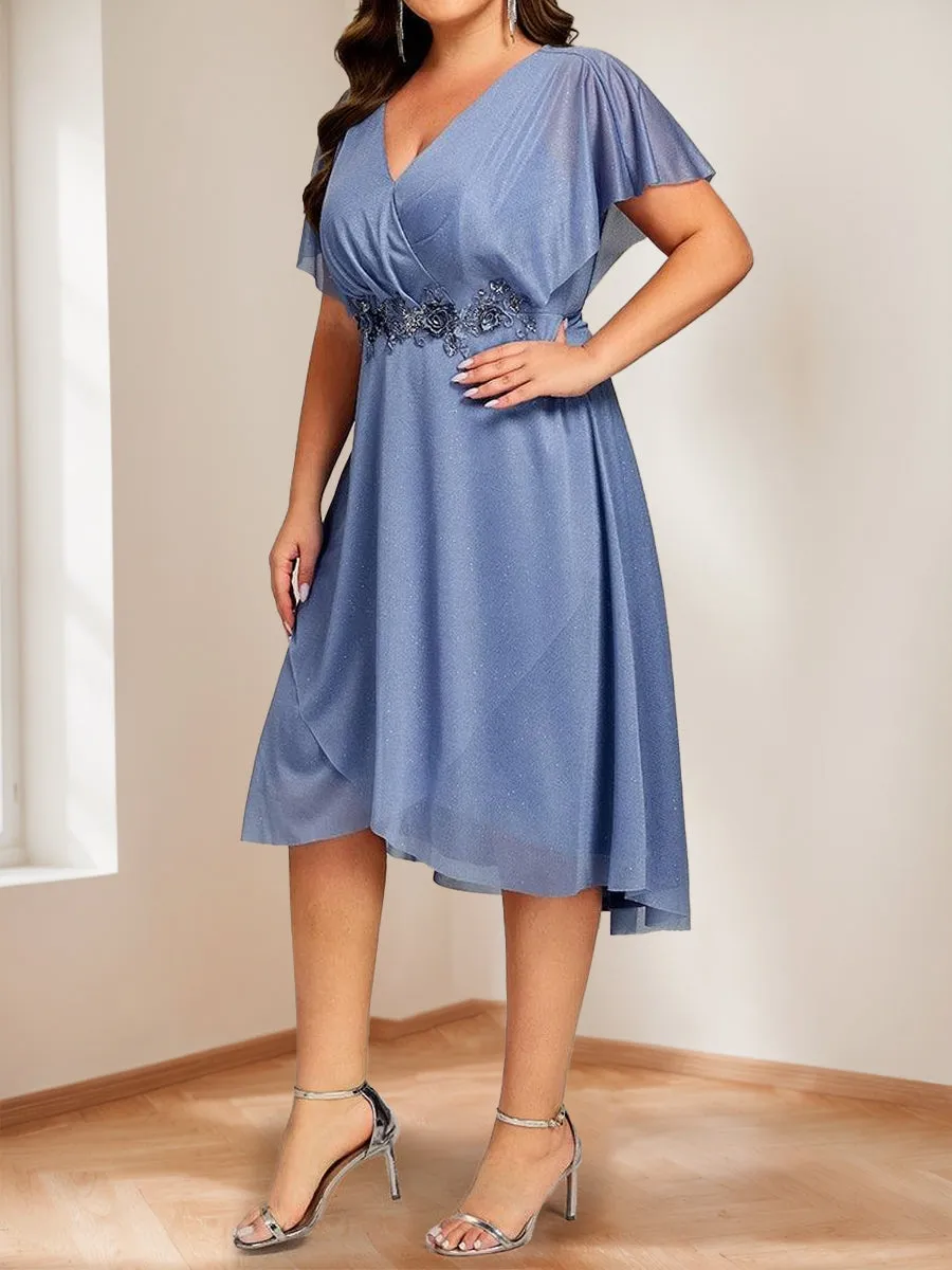 Chiffon A-Line/Princess V-Neck Short Sleeves Knee-Length Plus Size Mother of the Bride Dresses with Sash sold by Lavetir product image thumbnail 4