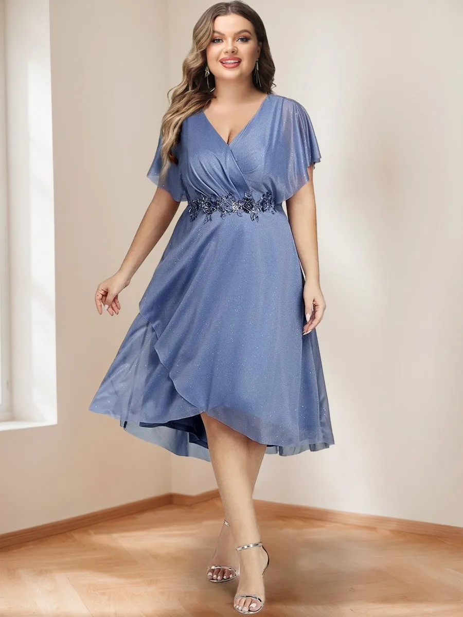 Chiffon A-Line/Princess V-Neck Short Sleeves Knee-Length Plus Size Mother of the Bride Dresses with Sash sold by Lavetir