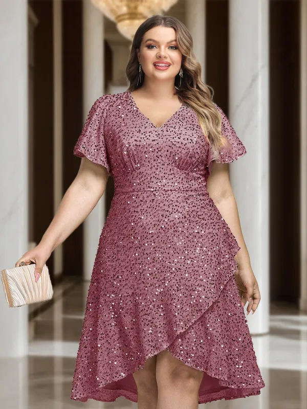 Plus Size A-Line/Princess V-Neck Short Sleeves Knee-Length Wedding Guest Dresses with Sequins & Ruffles sold by Lavetir