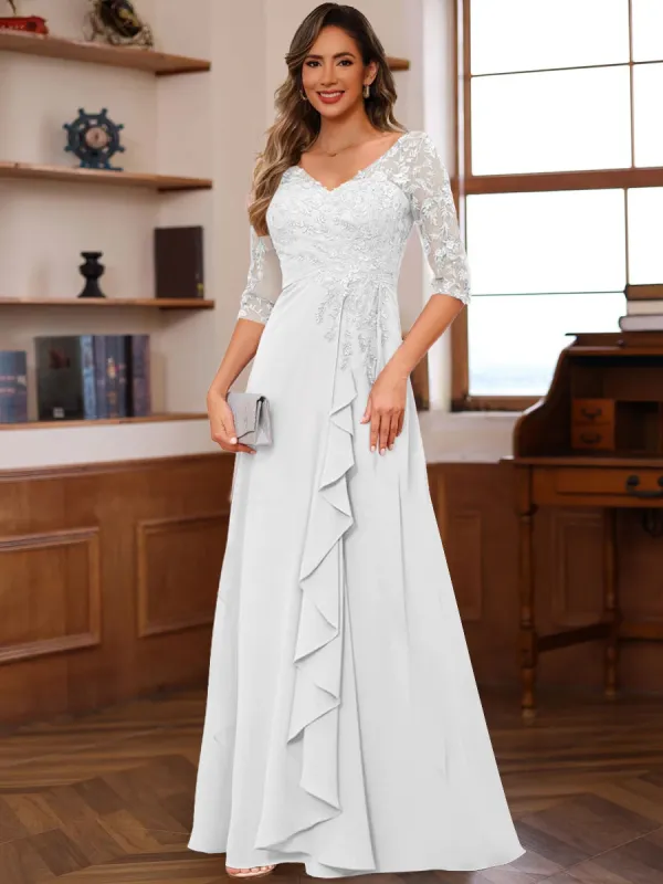 A-Line/Princess V-Neck Half Sleeves Mother of the Bride Dresses with Appliques & Ruffles sold by Lavetir