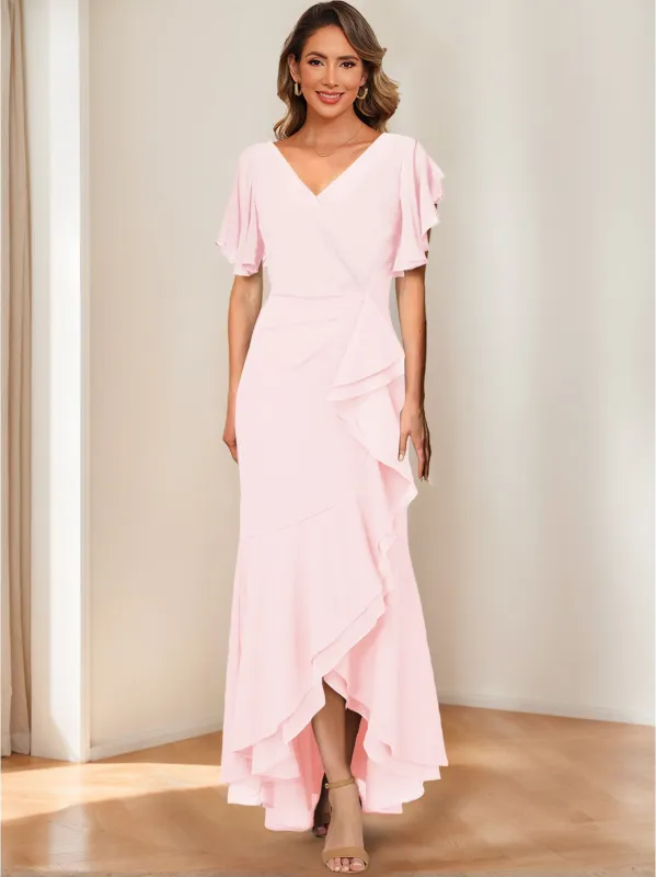 Trumpet/Mermaid V-Neck Short Sleeves Ruched Mother of the Bride Dresses with Ruffles sold by Lavetir