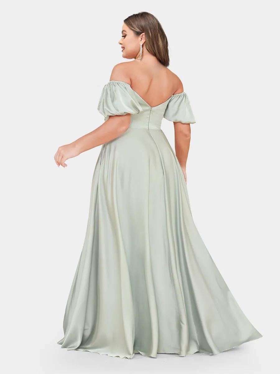 A-Line/Princess Off-the-Shoulder Puff Sleeves Plus Size Bridesmaid Dresses with Ruched sold by Lavetir product image thumbnail 2