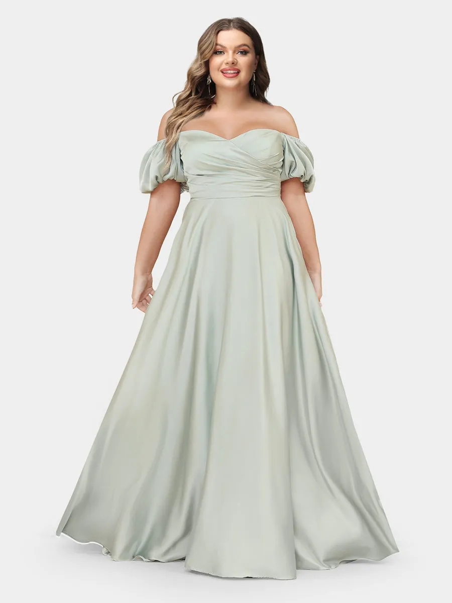 A-Line/Princess Off-the-Shoulder Puff Sleeves Plus Size Bridesmaid Dresses with Ruched sold by Lavetir