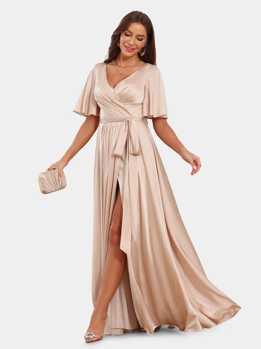 A-Line/Princess V-Neck Short Sleeves Bridesmaid Dresses with Belt sold by Lavetir product image thumbnail 5