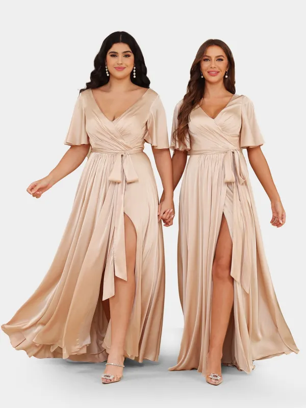 A-Line/Princess V-Neck Short Sleeves Bridesmaid Dresses with Belt sold by Lavetir