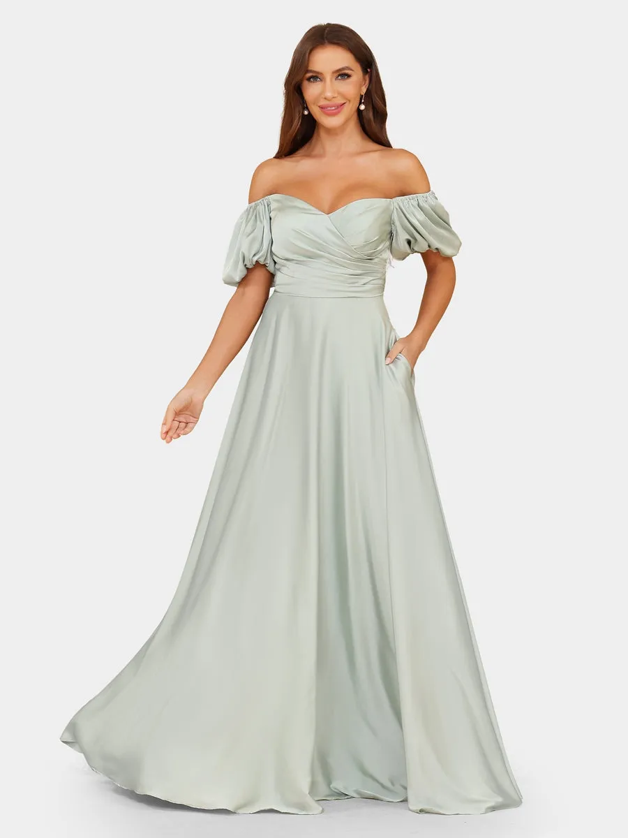 A-Line/Princess Off-the-Shoulder Puff Sleeves Bridesmaid Dresses with Ruched sold by Lavetir product image thumbnail 3