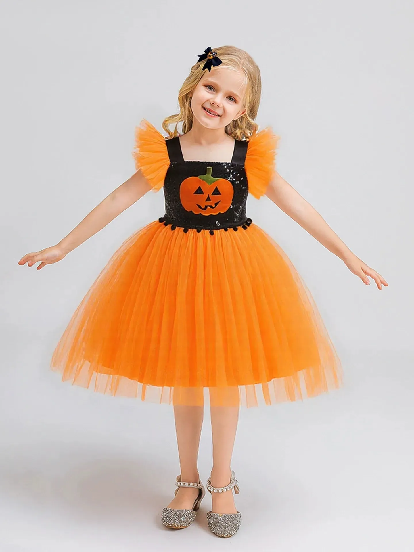 Printed A-Line/Princess Square Neck Flying Sleeves Knee-Length Halloween Dresses for Girls With Pleats & Sequins sold by Lavetir