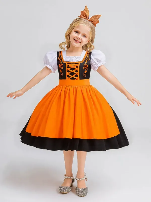 Ball Gown Square Neck Short Puff Sleeves Tea-Length Halloween Dresses for Girls With Bowknot & Pleats sold by Lavetir