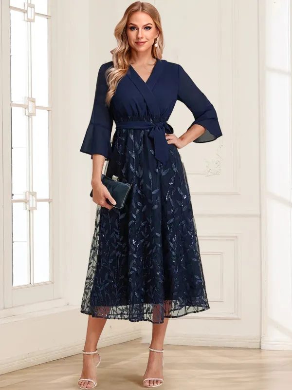 A-Line/Princess V-Neck 3/4 Flared Sleeves Tea-Length Mother of the Bride Dresses with Sequins Mesh sold by Lavetir