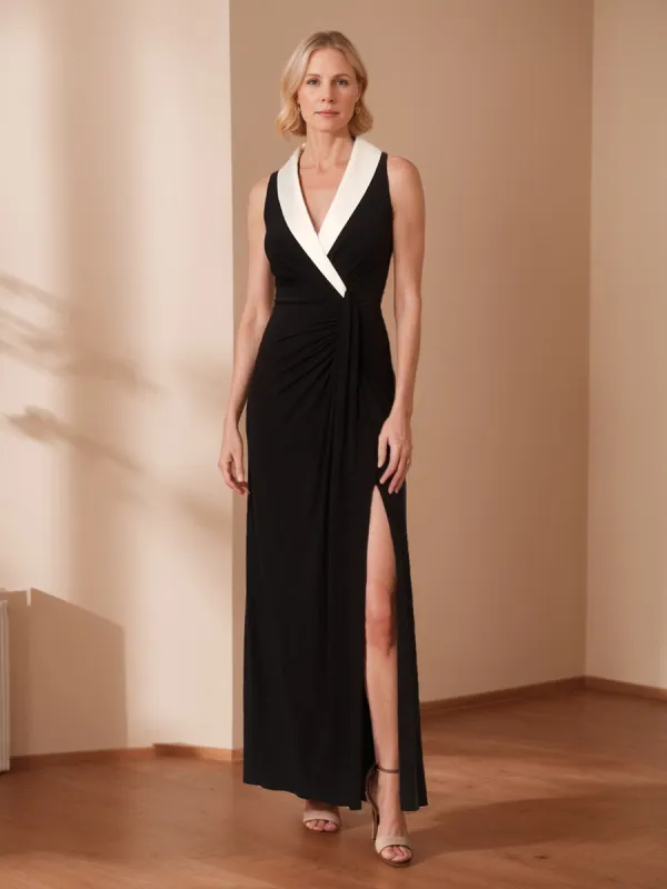 Sheath/Column V-Neck Sleeveless Long Mother of the Bride Dresses with Split Side sold by Lavetir