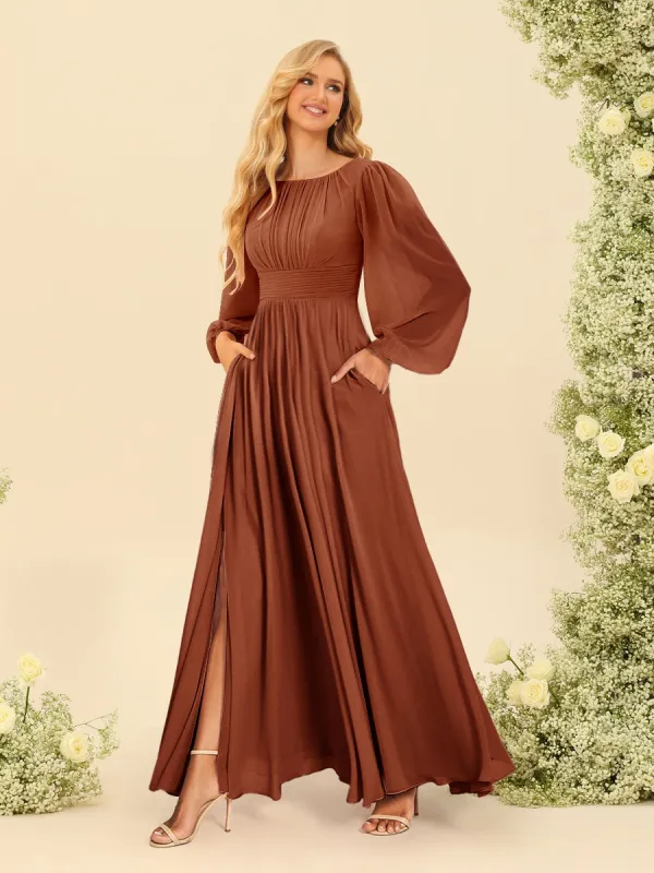 Chiffon A-Line/Princess Scoop Long Sleeves Ankle-Length Bridesmaid Dresses With Split Side sold by Lavetir