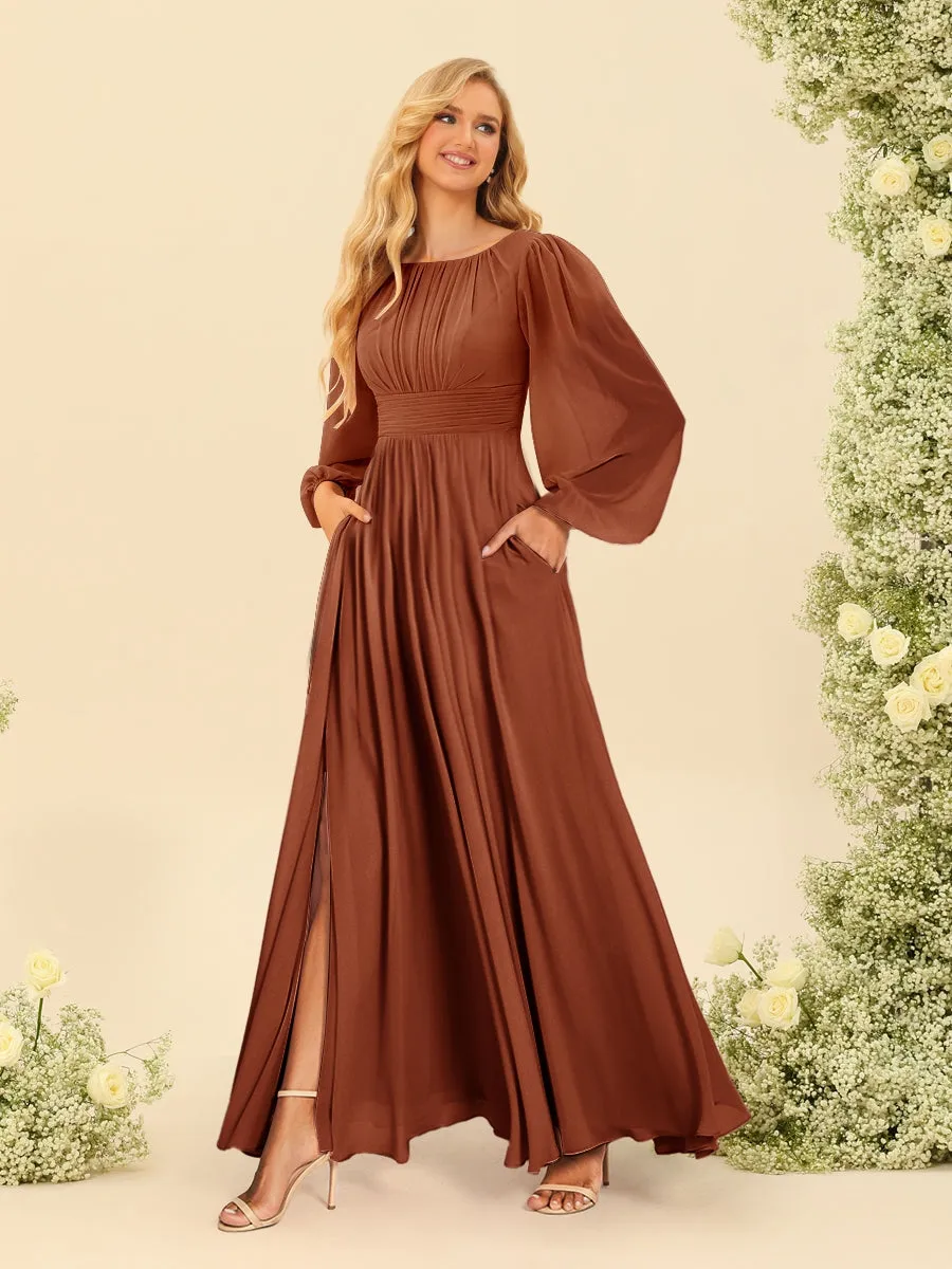 Chiffon A-Line/Princess Scoop Long Sleeves Ankle-Length Bridesmaid Dresses With Split Side sold by Lavetir