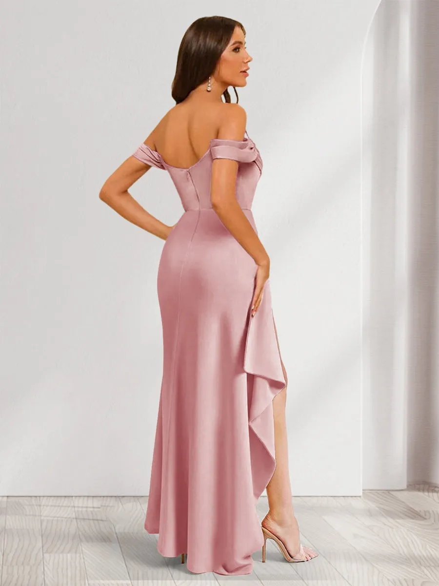 Ankle-Length Off-the-Shoulder V-Neck Bridesmaid Dresses with Split Side & Ruched sold by Lavetir product image thumbnail 2