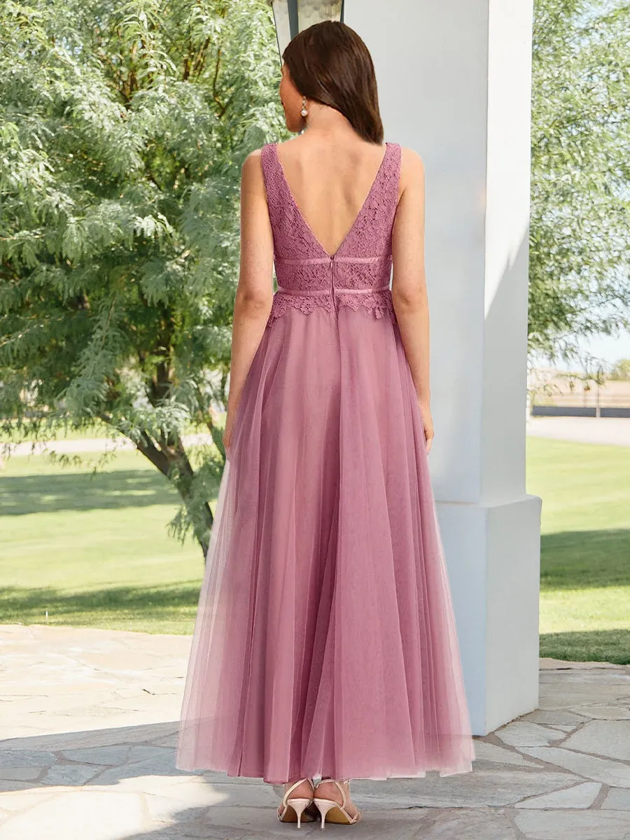 A-Line/Princess V-Neck Sleeveless Ankle-Length Wedding Guest Dresses With Lace Applique sold by Lavetir product image thumbnail 2
