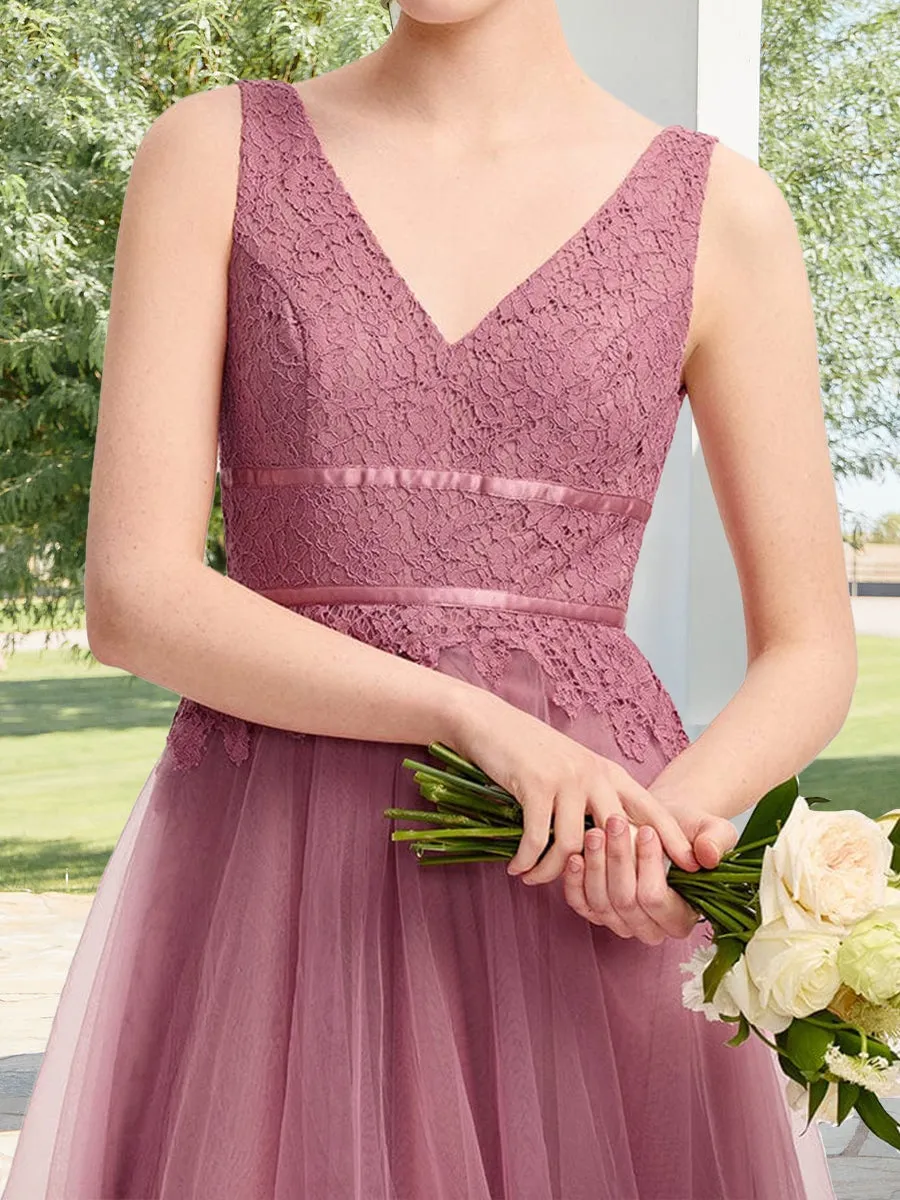 A-Line/Princess V-Neck Sleeveless Ankle-Length Wedding Guest Dresses With Lace Applique sold by Lavetir product image thumbnail 3