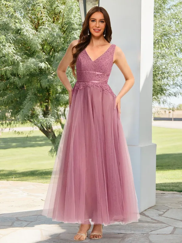 A-Line/Princess V-Neck Sleeveless Ankle-Length Wedding Guest Dresses With Lace Applique sold by Lavetir