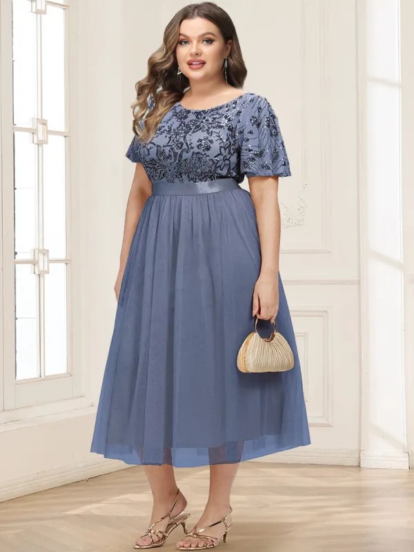 A-Line/Princess Scoop Short Ruffle Sleeve Tea-Length Mother of the Bride Dresses with Sequin Embroidery sold by Lavetir
