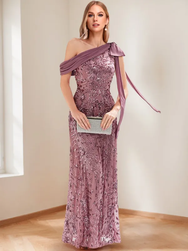 Trumpet/Mermaid Drop Shoulder Sleeves Floor-Length Mother of the Bride Dresses with Bow Detail & Sequin Embroidery sold by Lavetir