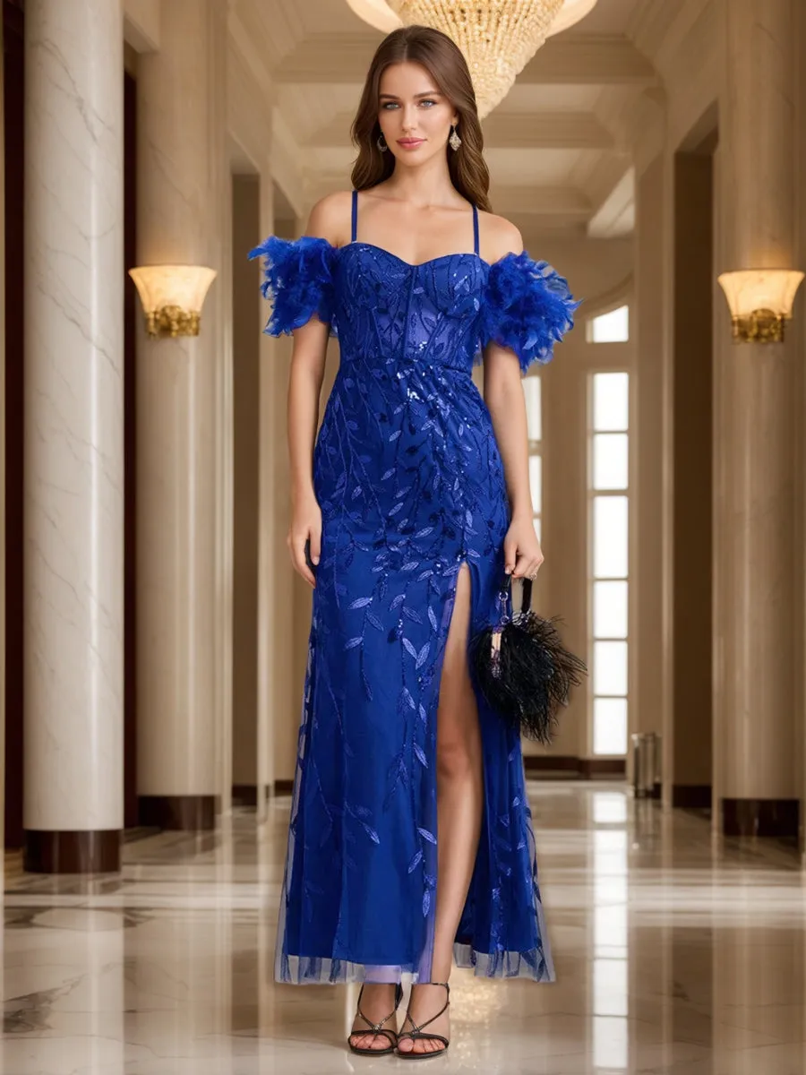 Sheath/Column Off-the-Shoulder Spaghetti Straps Long Formal Evening Dresses with Feather & Applique sold by Lavetir
