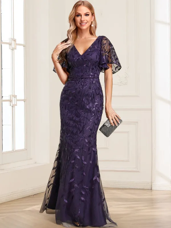 Gorgeous Trumpet/Mermaid V-Neck Short Ruffle Sleeves Floor-Length Mother of the Bride Dresses with Sequin Embroidery sold by Lavetir
