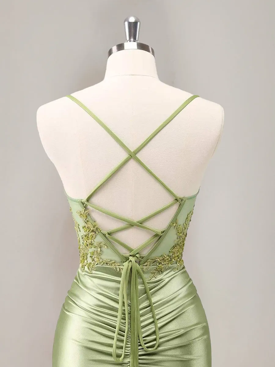 Sheath/Column Spaghetti Straps Sleeveless Ruched Mini Homecoming Dresses With Appliques sold by Lavetir product image thumbnail 4