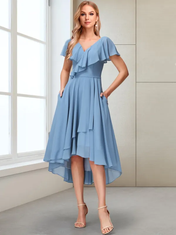 A-Line V-Neck Short Sleeves Asymmetrical ChiffonMother of the Bride Dresses With Pockets sold by Lavetir
