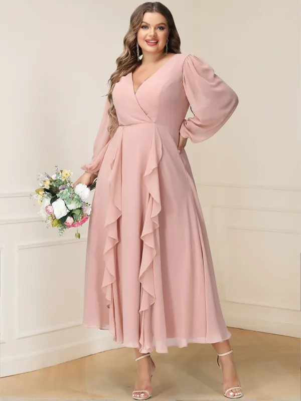 A-Line/Princess V-Neck Long Sleeves Chiffon Tea-Length Ruffles Plus Size Mother of the Bride Dresses with Pockets sold by Lavetir