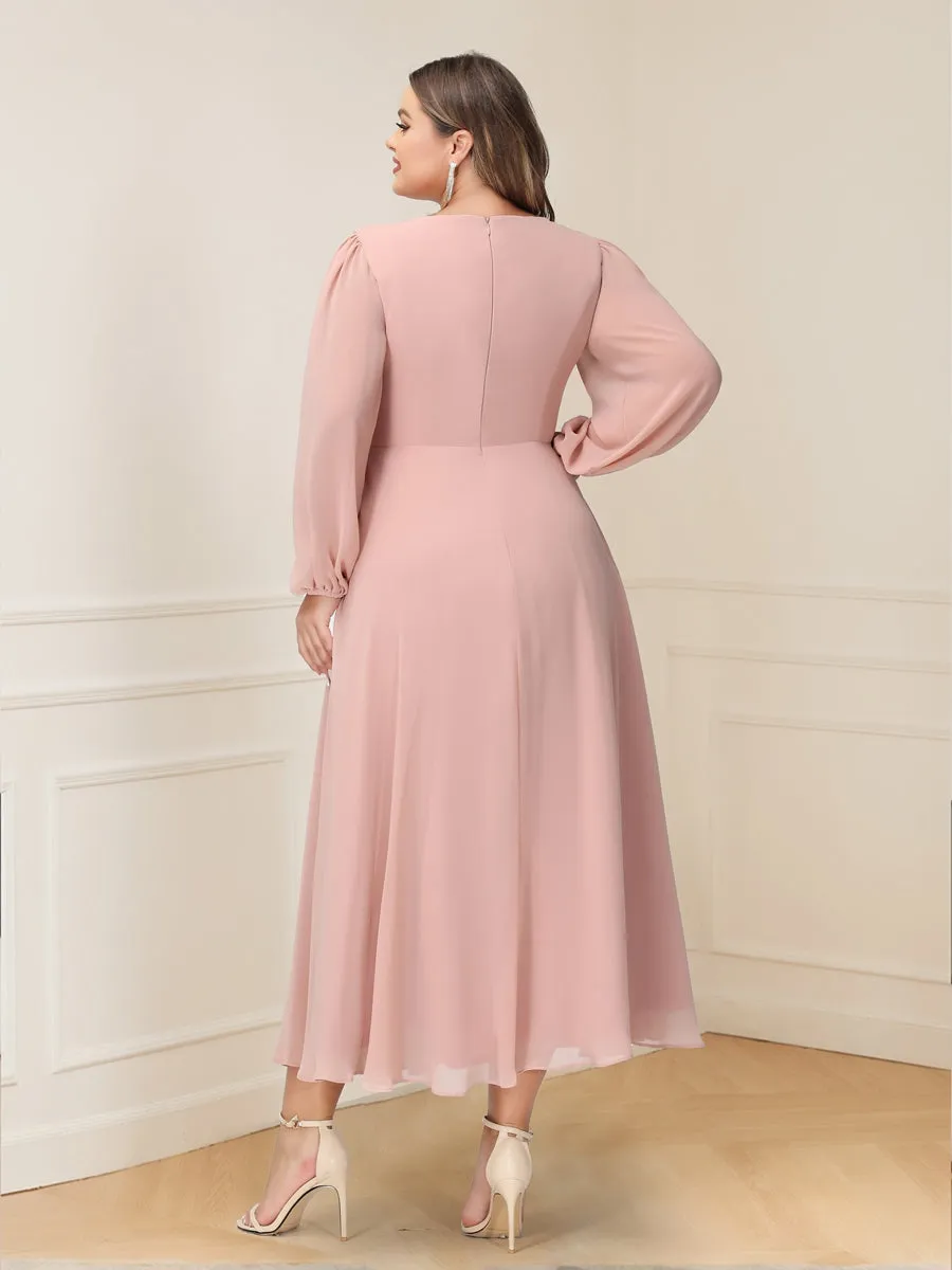 A-Line/Princess V-Neck Long Sleeves Chiffon Tea-Length Ruffles Plus Size Mother of the Bride Dresses with Pockets sold by Lavetir product image thumbnail 2