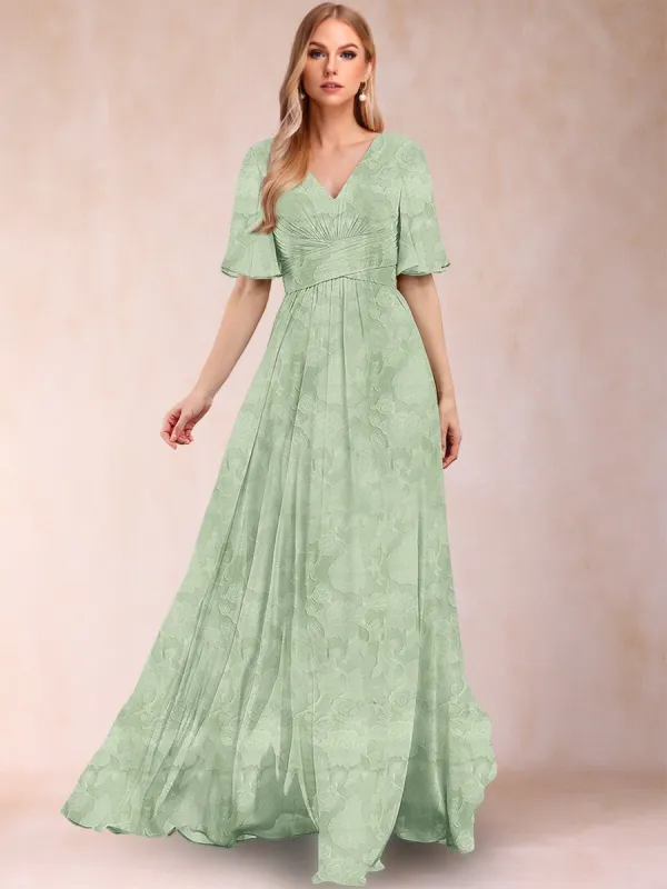 A-Line V-Neck Half Sleeves Split Side Floral Mother of the Bride Dresses With Pockets sold by Lavetir
