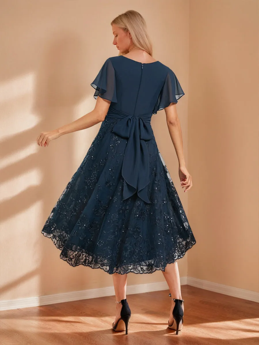 A-Line/Princess V-Neck Flutter Sleeves Asymmetrical Wedding Guest Dresses with Appliques sold by Lavetir product image thumbnail 2