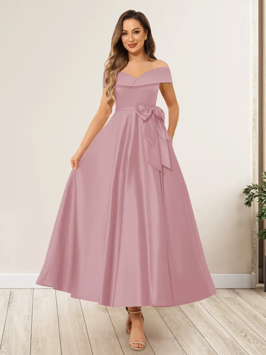 A-Line/Princess Off-The-Shoulder Sleeveless Long Wedding Guest Dresses with Bow Knot sold by Lavetir product image thumbnail 4