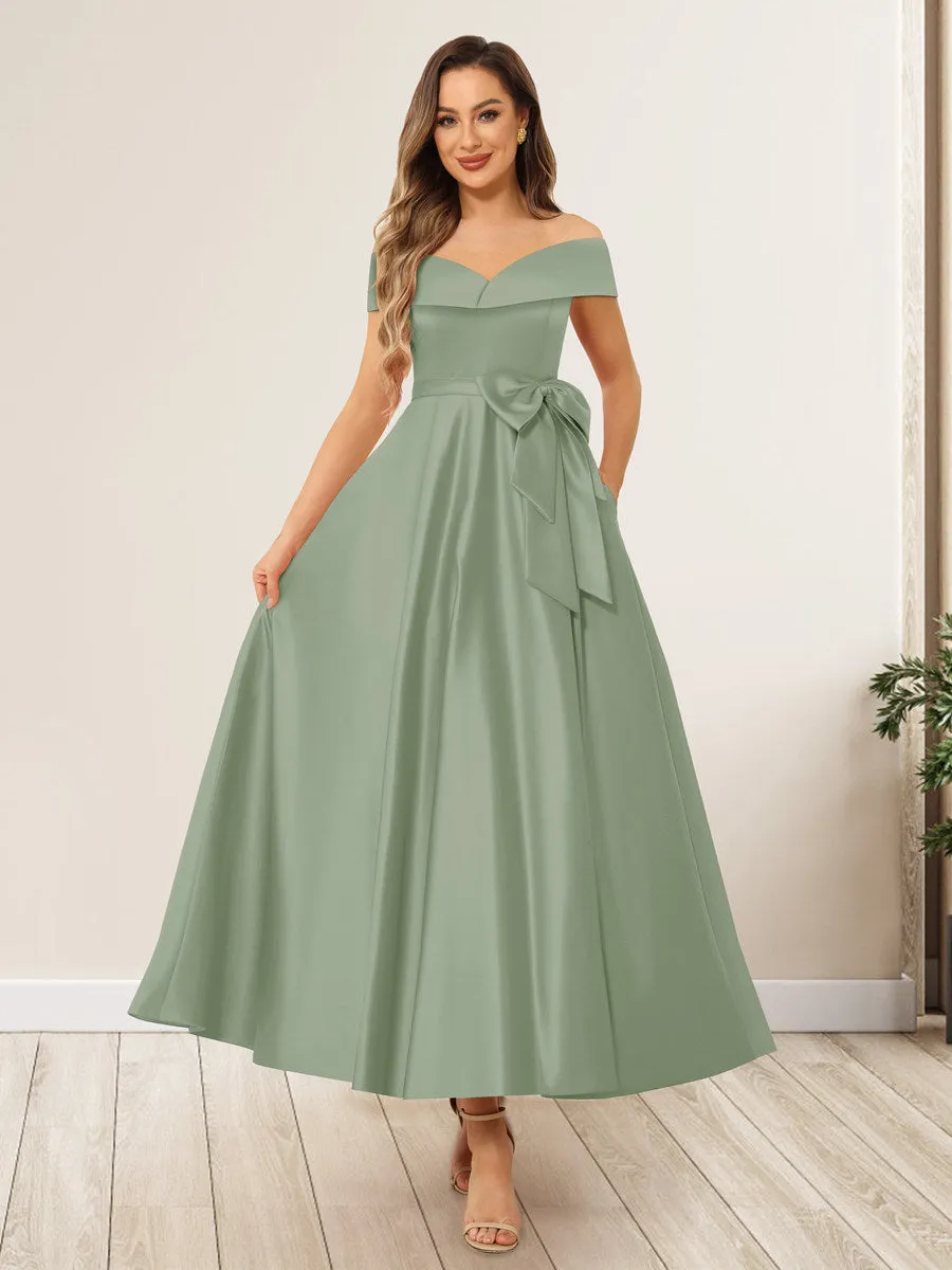 A-Line/Princess Off-The-Shoulder Sleeveless Long Wedding Guest Dresses with Bow Knot sold by Lavetir product image thumbnail 3