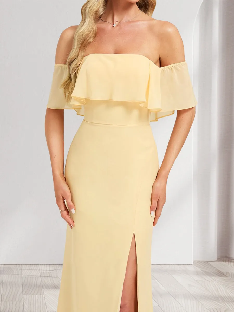 Chiffon Trumpet/Mermaid Off-the-Shoulder Floor-Length Bridesmaid Dress With Ruffles & Split Side sold by Lavetir product image thumbnail 3