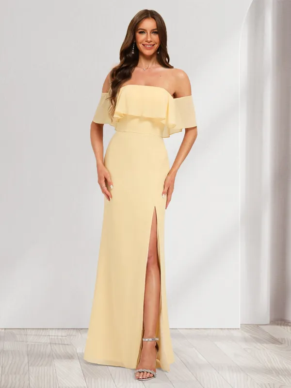 Chiffon Trumpet/Mermaid Off-the-Shoulder Floor-Length Bridesmaid Dress With Ruffles & Split Side sold by Lavetir