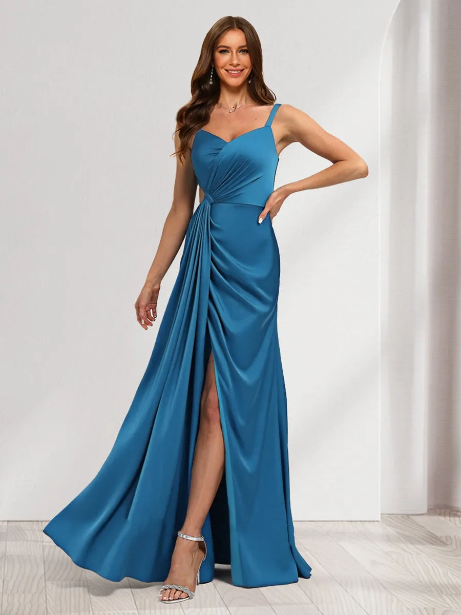 Satin A-Line/Princess V-Neck Sleeveless Floor-Length Ruched Bridesmaid Dresses With Split Side sold by Lavetir