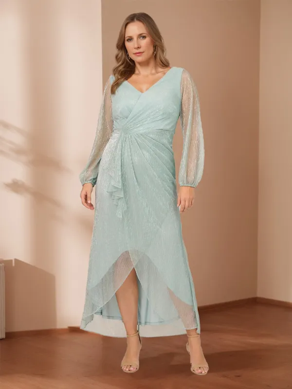 Sheath/Column V-Neck Crinkle Metallic Plus Size Wedding Guest Dresses with Illusion Sleeves sold by Lavetir