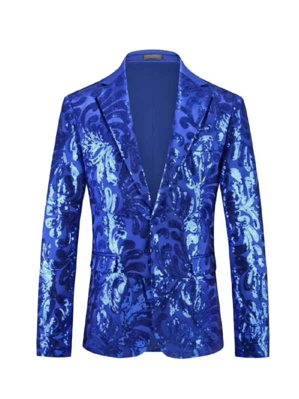 Tailored Fit Lapel Single Breasted One-Button Sequins Printed Men's Party Jacket sold by Lavetir