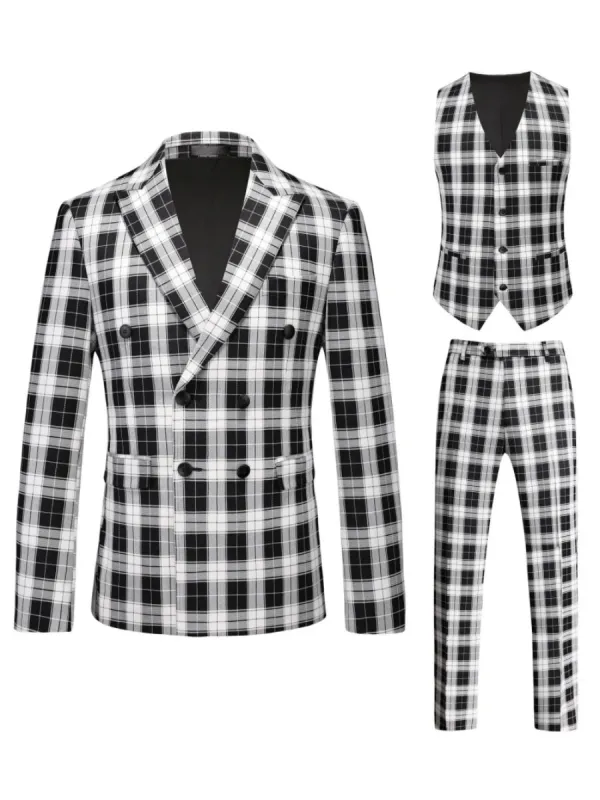 Tailored Fit Single Breasted One-button 3 Pieces Plaid Printed Men's Wedding Suits sold by Lavetir