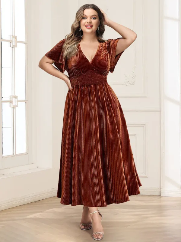 Velvet A-Line/Princess V-Neck Short Sleeves Pleated Plus Size Mother Of the Bride Dresses sold by Lavetir