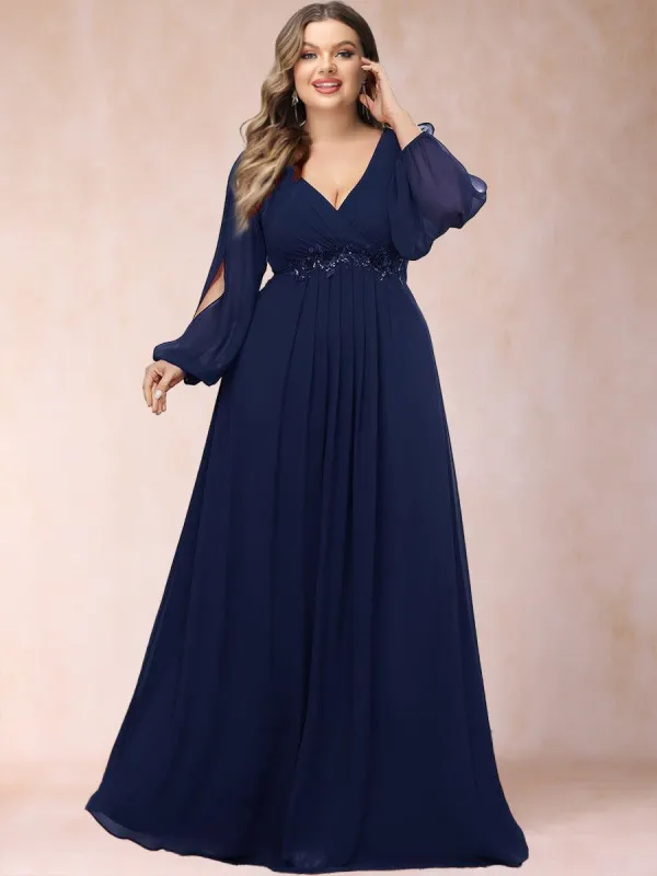 A-Line/Princess V-Neck Long Lantern Sleeves Plus Size Mother of the Bride Dresses with Applique sold by Lavetir