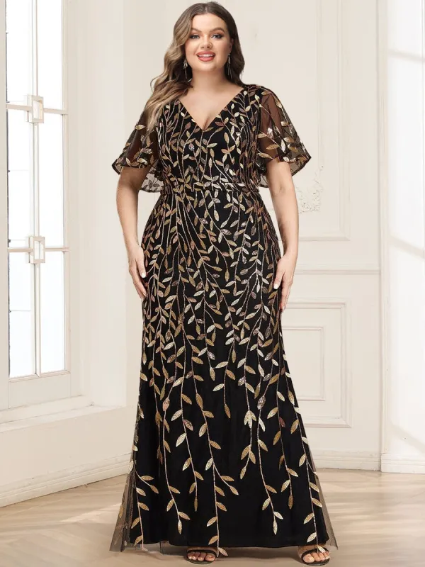 Trumpet/Mermaid V-Neck Short Sleeves Long Mother of the Bride Dresses with Sequin Leaves sold by Lavetir