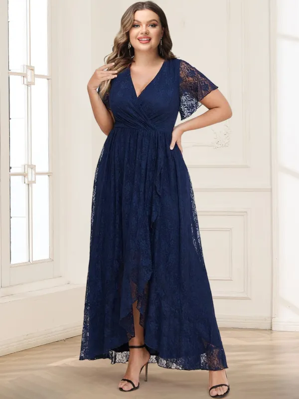 Lace A-Line/Princess Short Sleeves V-Neck Ruffled Plus Size Mother of the Bride Dresses With Split Side sold by Lavetir
