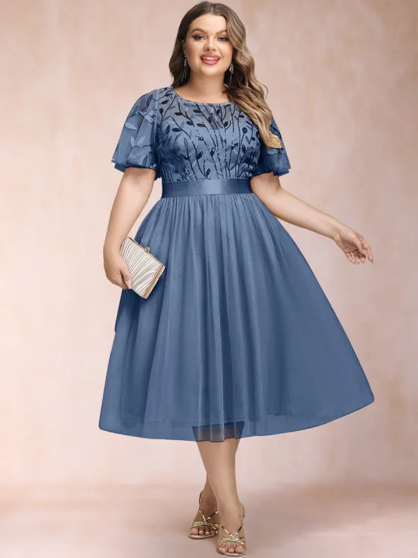 A-Line/Princess Scoop Short Ruffle Sleeves Tea-Length Mother of the Bride Dresses with Sequin Leaf sold by Lavetir