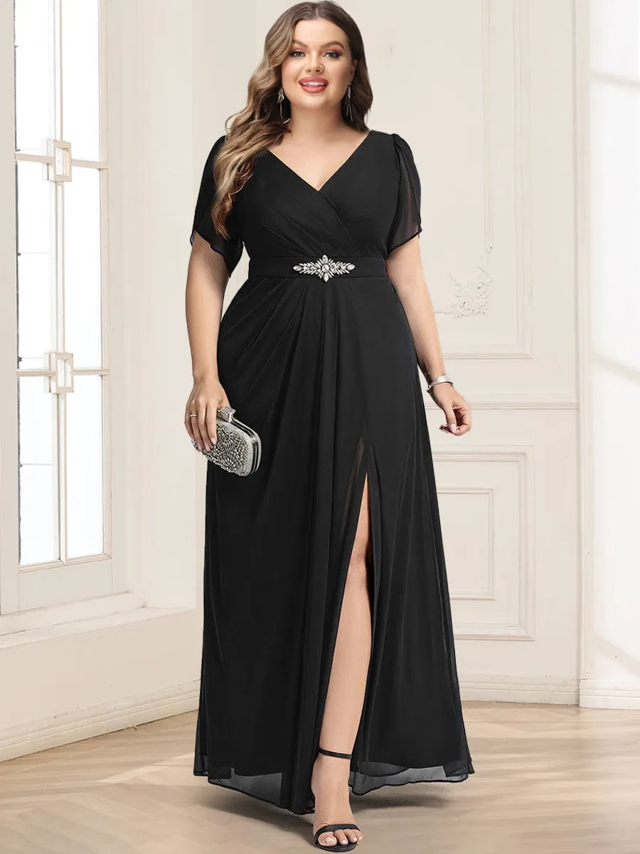 A-Line/Princess Short Sleeves V-Neck Plus Size Mother of the Bride Dresses With Sash sold by Lavetir