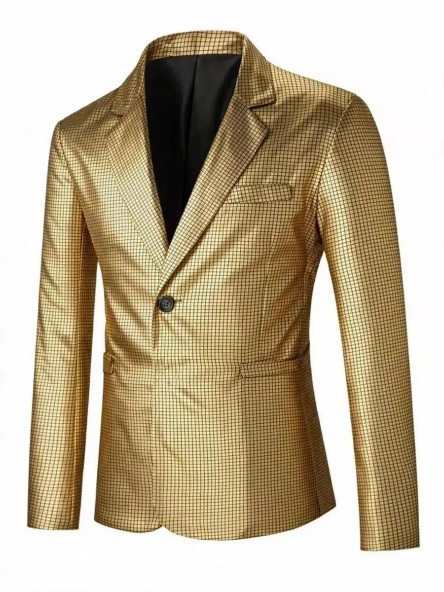Tailored Fit Lapel Single Breasted One-Button Gilded Grid Men's Party Jacket sold by Lavetir product image thumbnail 3