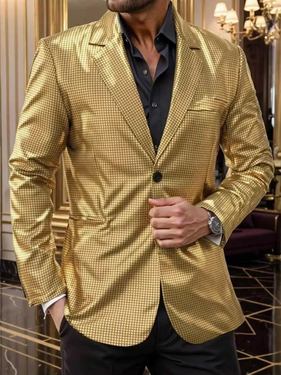 Tailored Fit Lapel Single Breasted One-Button Gilded Grid Men's Party Jacket sold by Lavetir