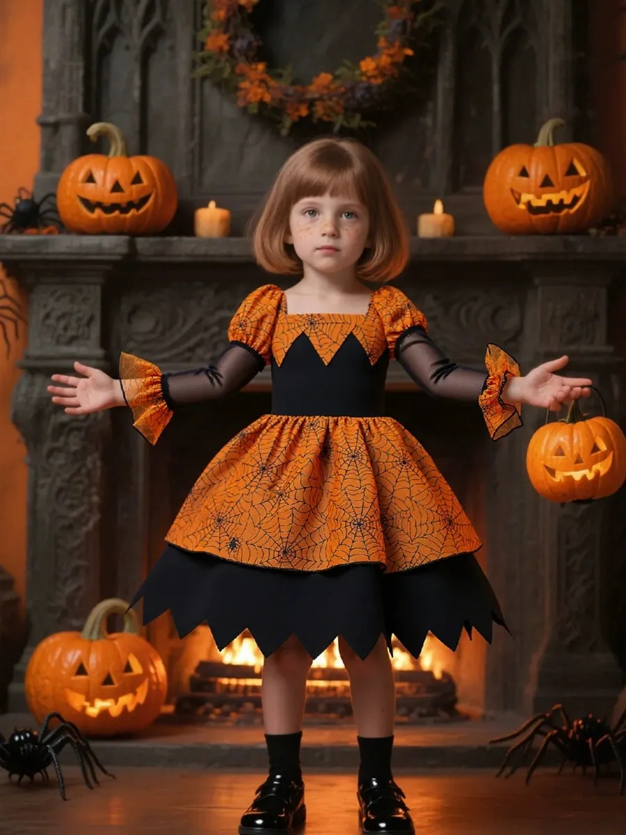 Printed A-Line/Princess Square Neck Long Sleeves Knee-Length Halloween Dresses for Girls sold by Lavetir