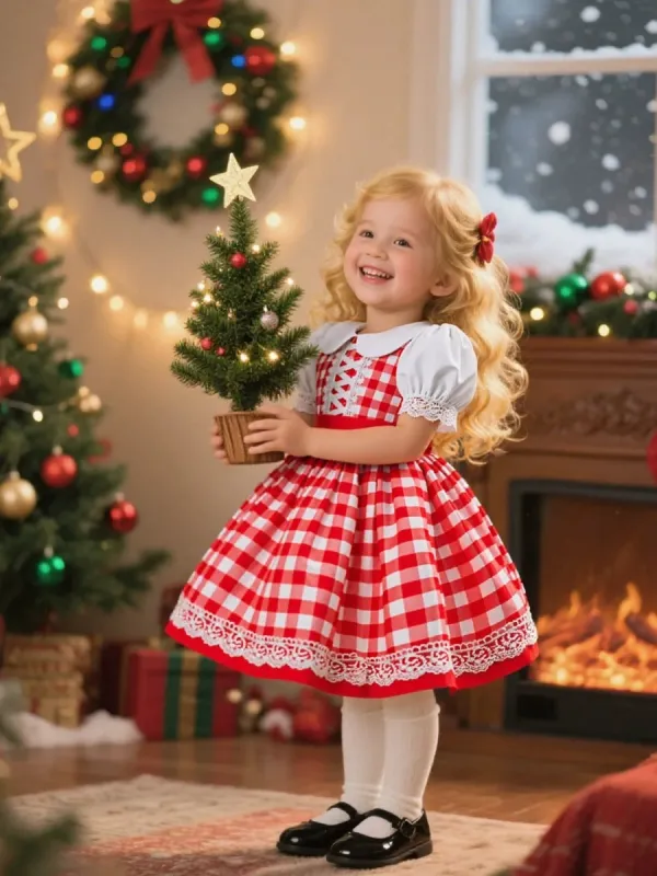 A-Line/Princess Peter Pan Collar Puff Sleeves Plaid Christmas Dresses for Girls sold by Lavetir