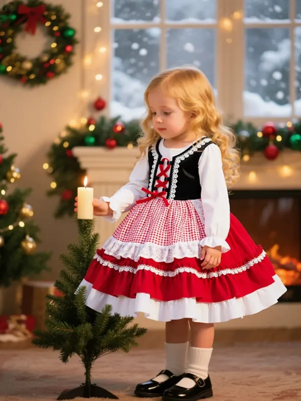 A-Line/Princess Scoop Half Sleeves Plaid Christmas Dresses for Girls WIth Pleats & Bowknot sold by Lavetir